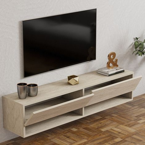 TV-Schrank Olmi, 2 Regalböden, 2 Türen, 4 Fächer, 141x30x31h cm Beige Marmor (1/5)