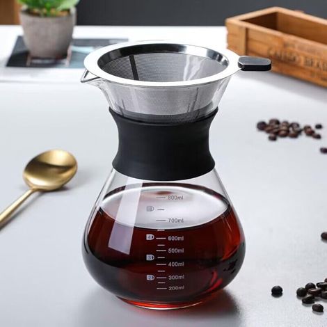 1 Cafetière, Verre borosilicate, Filtre permanent, Acier inoxydable, Collier silicone, Maison Bureau