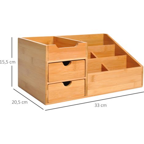 Lot de rangement bureau 2 tiroirs, boîte organiseur en bois naturel, dimensions 33x20,5x15,5 cm, idéal pour trier papiers et fournitures (1/5)