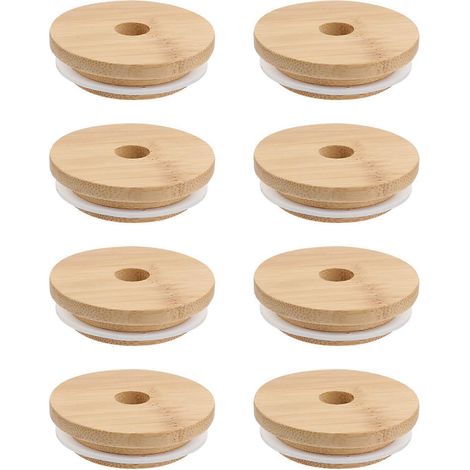 Lot de 8 tasses, mugs, bocaux, boîtes en verre, couvercles en bois et en bambou résistants, couvercles en caoutchouc pour assaisonnements (diamètre extérieur 70 mm).-7X7CM-Khaki (1/4)