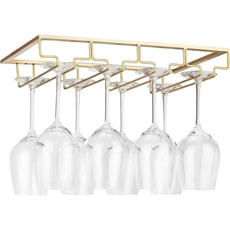 Reno – Botellero colgante para debajo del armario – Metal dorado – Capacidad para 6 a 9 copas – Fácil instalación – Diseño moderno (1/5)
