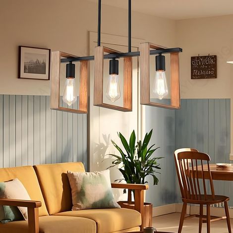 Éclairage D'Îlot De Cuisine Moderne, 3 Lumières L60cm, De Hauteur Réglable Pour Salle À Manger, Lustre En Bois Rustique Pour Cuisine, Lampes De Table De Billard, Corps Noir E27 (Ampoules Non Incluses) (1/5)