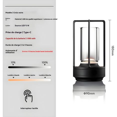 Lampe d'ambiance rechargeable pour chambre et extérieur, commande tactile, trois niveaux de gradation. (1/5)