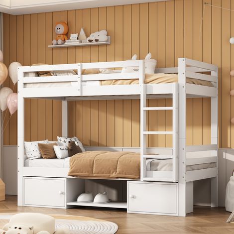 Lit superposé 90x200cm en pin massif avec meuble de rangement et étagère à chaussures - divisible en 2 lits simples - Blanc (1/5)