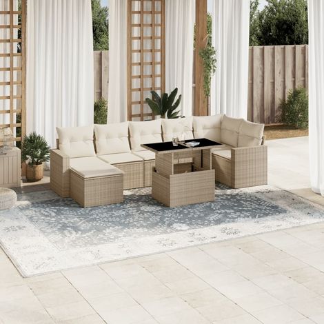 Ensemble Salon Jardin 8 Places Résine Tressée Beige avec Coussins - Table Réglable et Mobilier d'Extérieur Modulaire (1/5)