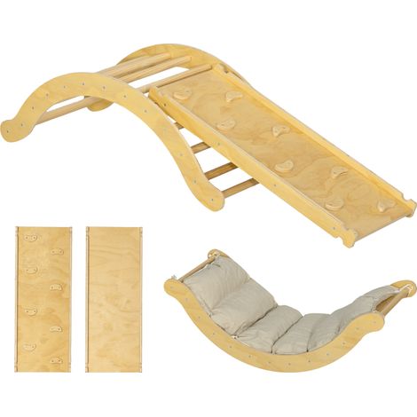 Arche d'escalade 4-en-1 pour enfants, chaise berçante, rampe double face et coussin, 168x49,5x39,5cm, bois naturel (1/5)