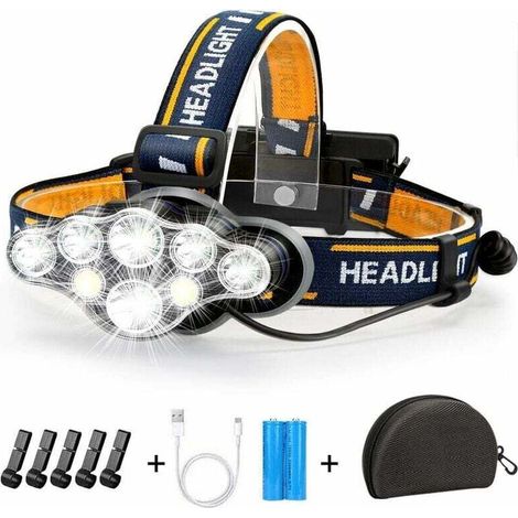 Lampe Frontale LED Rechargeable, Ultra Puissante Lampe à 8 Del de 18000 Lumens, Torche Frontale Étanche et Léger, Parfait pour Le Camping, la Pêche, la Cave, Le Jogging et la Randonnée (1/4)