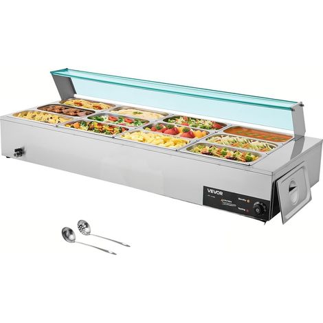 Chauffe-Plat Électrique à Vapeur 1700 W, Buffet Chauffant en INOX, Bain-Marie avec 12 Bacs de 1/3, Couvercle en Verre et Louches à Soupe et Perforées, pour Servir Buffet en Libre-Service (1/5)