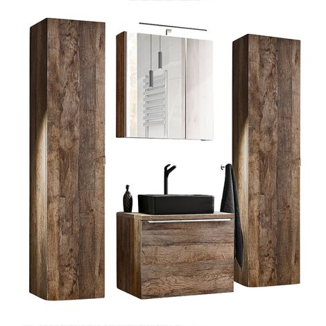 Badmöbel Set in Vintage Oak Eiche PUEBLA-56 Waschtischunterschrank mit Keramikbecken, LED-Spiegelschrank & 2 Hochschränke B/H/T 170/200/46 cm (1/5)