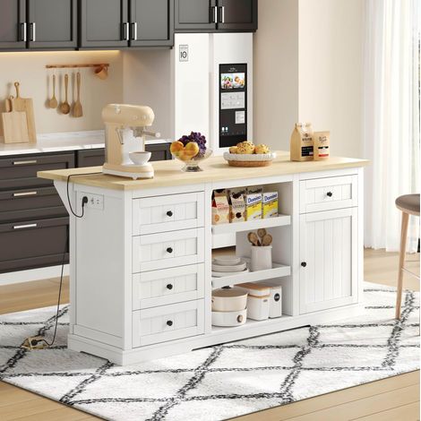 Îlot de cuisine 150x65x75.5 cm blanc et naturel en MDF avec rallonge pliante, prises intégrées et rangements (1/5)