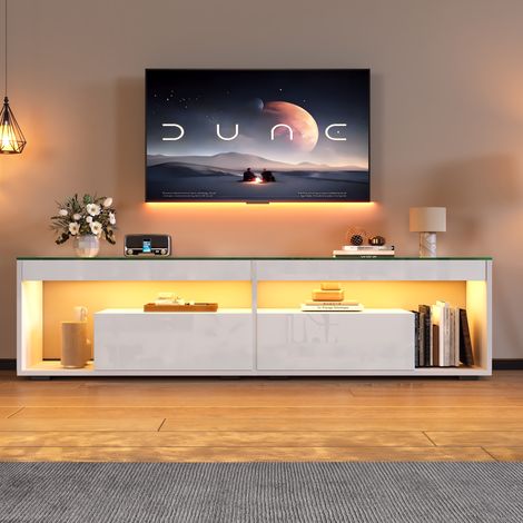 MEUBLIV Meuble TV LED blanc 180 x 40 x 46 cm, 2 tiroirs, verre trempé, jusqu’à 70 pouces (1/5)