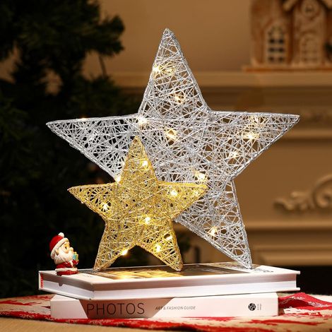 ZOLGINAH 2 PCS Ensemble de Lumière de Table pour Décoration de Noël en Forme de Étoile en Métal, Lampe de Bureau Décorative à Piles avec Guirlandes Lumineuses LED pour Maison Chambre Salon, Or & Argen (1/5)