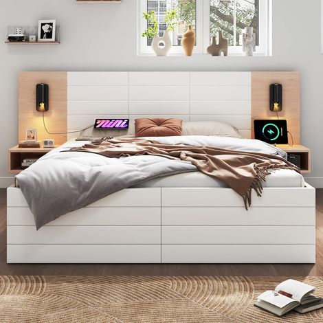 Lit double 160x200 cm en bois chêne et blanc avec tête de lit lumineuse USB, 2 tiroirs et 2 tables de chevet, sans matelas (1/5)