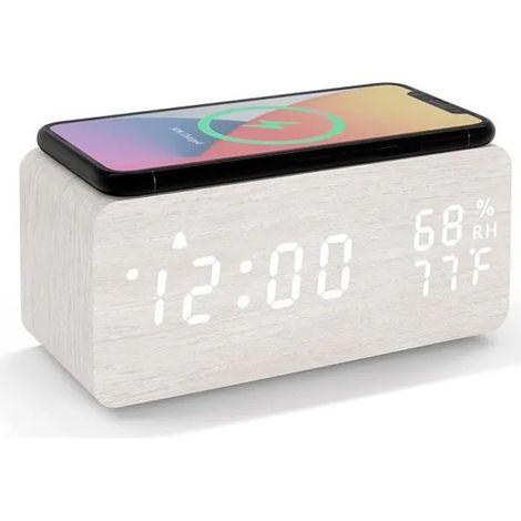 Réveil numérique LED en bois avec affichage température et de l'humidité,chargement sans fil, fonction snooze,réveil pour enfants (1/5)