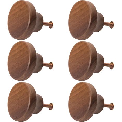 Boutons de Meuble Ronds en Bois 6Pcs - Poignées pour Tiroirs, Armoires, Commodes (Noyer Noir)