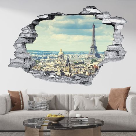 Stickers Trompe l'oeil trou dans le mur - Tour Eiffel - 30 x 45 cm - Pierres grises (1/5)