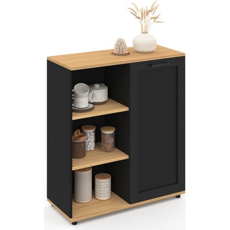 Idmarket – Buffet d'appoint 70 cm – 3 étagères et placard noir – Plateau en bois – Design contemporain pour cuisine, entrée ou bureau