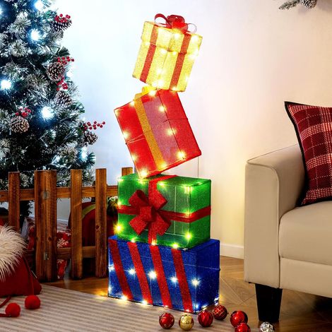 COSTWAY Lot de 4 Boîtes à Cadeaux Lumineuses de Noël avec 52 LED, Décoration de Noël Boîtes Cadeaux avec Nœuds Colorés Affichage Empilé/Séparé, pour Balcon Jardin Cour (1/5)