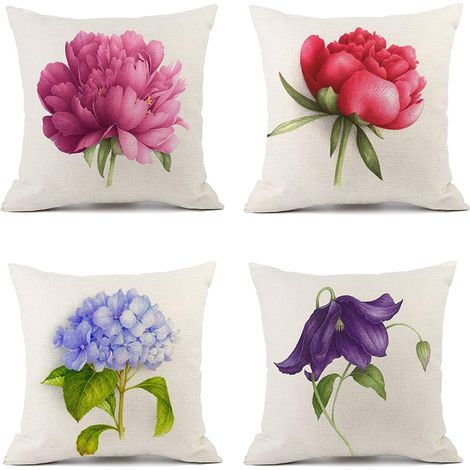 Taies d'oreiller Housse Coussin Lot de 4 en Lin d'extérieur avec Fleurs Motif Décoration pour Chambre, Salon, Sofa Balcon Canapé, Jardin, 45x45 cm (1/5)