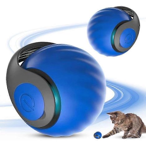Jouets pour chats d'intérieur - Balle interactive intelligente rechargeable avec queue en plumes, diamètre 5 cm, bleue (lot de 2) (1/5)