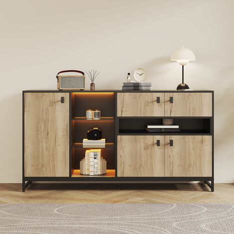 Credenza - Minimalista - con doppie ante, ripiano aperto, ripiani in vetro – Design in legno e metallo nero - 160x40x84,5 cm