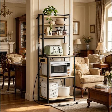Mobile cucina con prese, scaffale contenitore 60 x 40 x 167 cm, nero e rovere chiaro DESVIAE (1/5)