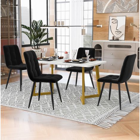Conjunto de comedor MDF negro y dorado con mesa rectangular y 4 sillas tapizadas en terciopelo (1/5)