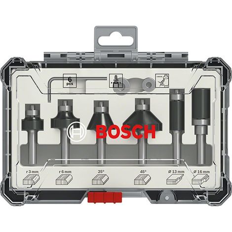 Bosch – Coffret de fraises pour défonceuse et affleureuse – 6 pièces – Tige de 8 mm – Fraises pour bois dur et tendre – Coupe nette sans éclat