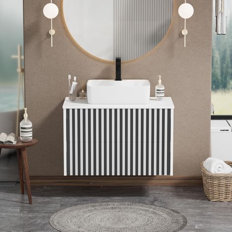 UEV Meuble Salle de Bain, Meuble Suspendu 81cm avec Vasque à Poser, Lavabo en Céramique, Deux Tiroirs avec Grand Espace de Rangement, Motif de Ligne, 81 x 46 x 52 cm, Blanc