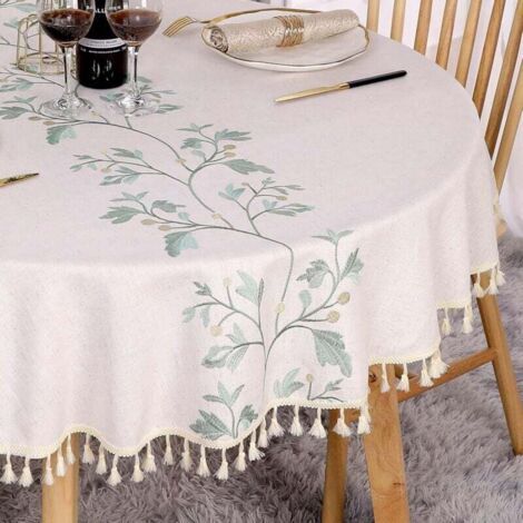QORVA-Nappe Ronde 140 cm en Lin & Coton Anti-Tache Lavable Beige Couverture de Table avec Feuilles Vertes Brodées, Glands pour Anniversaire, Mariage, Salle à Manger, Table Basse