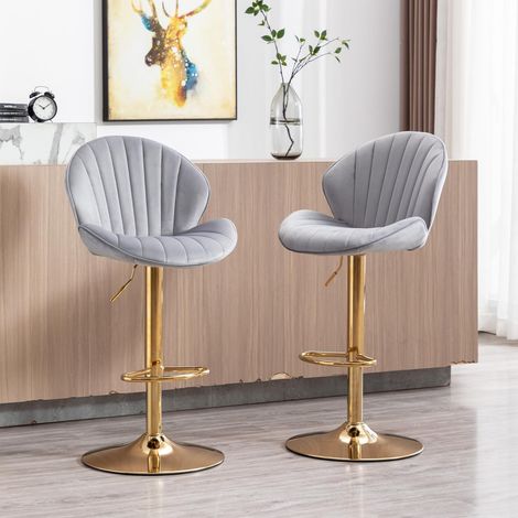 Wahson Bar Stools Set of 2 in Velvet Modern Counter Chairs Height Adjustable with Shell-Shaped Backrest for Home Bar Restaurant, Grey