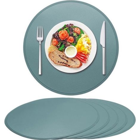 Un set di 6 tovagliette rotonde in pelle, diametro 38 cm, impermeabili e antiscivolo, protezione per tavolo (blu). (1/4)