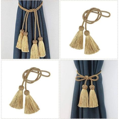 1 Paire Embrasses de rideau, Corde tressée main, Pompons décoratifs dorés, Salon Chambre Salle de bain (1/5)