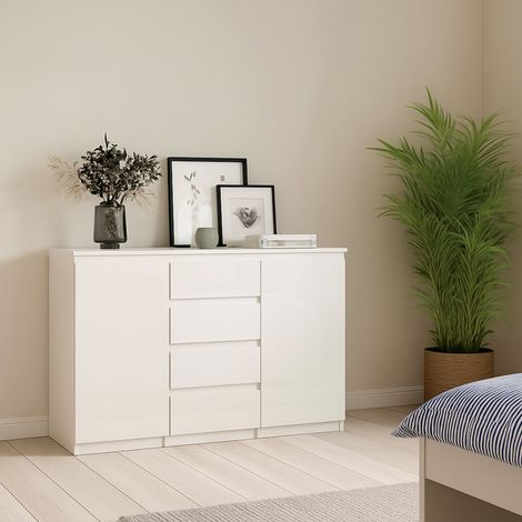 Dmora Aparador con puertas y cajones, blanco brillo, 120 x 90 x 50 cm, con embalaje reforzado (1/5)