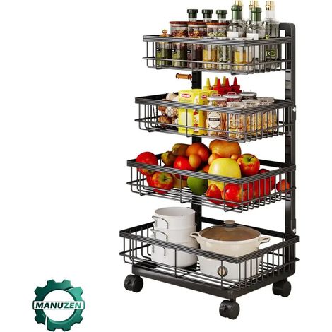 Manuzen - Desserte de cuisine à roulettes avec paniers de rangement – Noir (1/3)