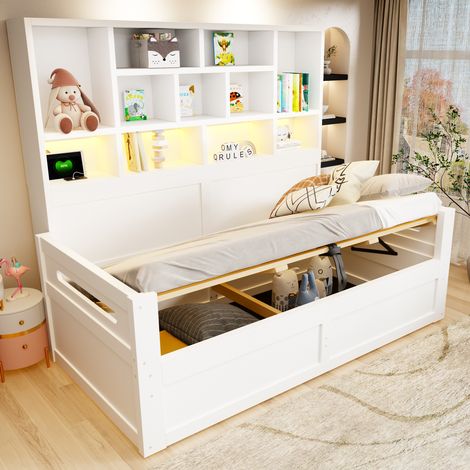 Lit Gigogne Blanc 90x200cm avec Rangement, Tiroirs, Éclairage LED, Tête de Lit et Coffre Hydraulique - MDF - pour Chambre Enfant Ado (1/5)