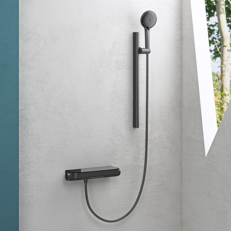 Mai & Mai Duschsystem mit Thermostat, Duscharmatur Komplettset mit Sicherheitsverriegelung, 3 Strahlarten höhenverstellbar Duschbrause mit Unterauslauf aus Grau Duschsystem9