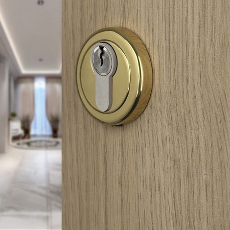 Ouvre&Déco – 2 rosaces de poignée de porte rondes avec liseré AURÉA trou de cylindre, Laiton doré poli