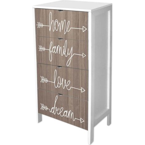 Lupia - Cassettiera Mobile Italy, Stile Minimal in Legno, 4 Cassetti, Stampa HOME FAMILY LOVE , Adatta a Ogni Stanza, 39x29xH78 cm, organizer Colore Bianco decorato