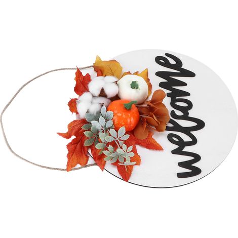 Panneau de porte rond en bois, style ferme, à suspendre à la porte d'entrée. Décorations pour Halloween et Noël. Motif feuille d'érable et coton. (1/5)
