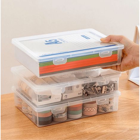 Boîte De Rangement Pour Documents A4 - Boîte De Stockage En Plastique Transparente Avec Couvercle À Fermeture - Pour Bureau, Classe Ou Atelier - Grand Modèle 31x22x5 Cm - 1 Pièce (1/5)