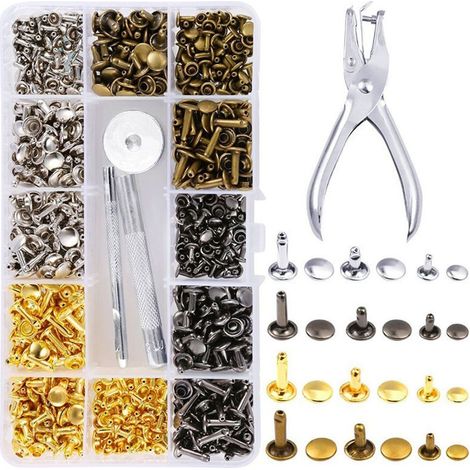 Set di 180 rivetti in pelle con perforatrice, rivetti cavi, adatti per lavori di bricolage e decorazioni per abbigliamento. (1/5)