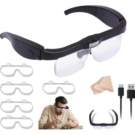 Lunettes loupe professionnelles avec casque, 5 lentilles démontables 0,75X-4,0X et 3 lampes LED, loupe à bandeau mains libres rechargeable pour travaux de précision, bijoux, artisanat, hobby (1/4)