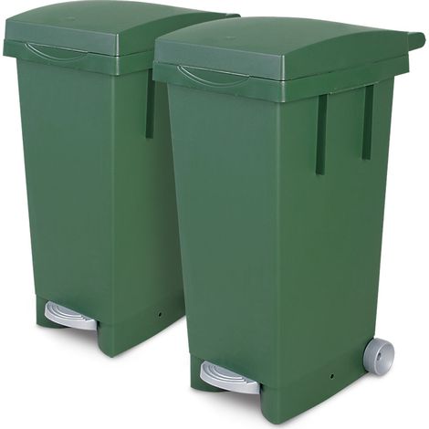 BRB Set, 2x 80 Liter Abfallbehälter mit Rollen, Fußpedal, selbstschließender Deckel, Klemmring für Müllsäcke (grün)