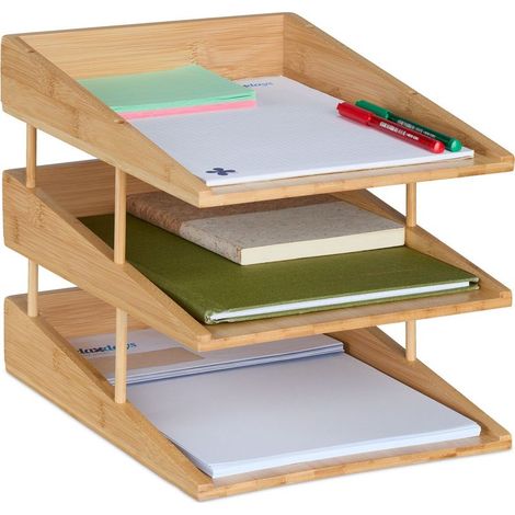 Porte-lettres en bambou, 3 étages à utiliser ensemble ou séparément, pour le bureau, nature (1/5)