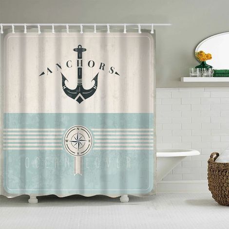 Cortina de ducha náutica, ancla marina vintage, juego de decoración de baño de tela con ganchos, 180 cm x 180 cm, verde mar, negro y beige. (1/4)