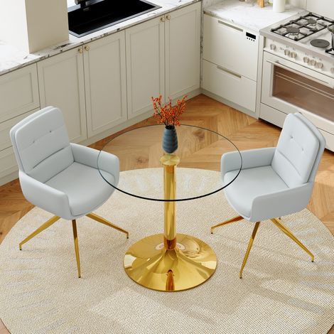 Ensemble Esstisch und 2 Stühle, Runder Tisch aus Gehärtetem Glas mit Metallgestell, PU, Hellgrau und Gold (1/5)
