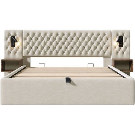 Ensemble chambre à coucher - Velours beige - Lit double 160x200 cm - Rangement hydraulique - USB (1/5)