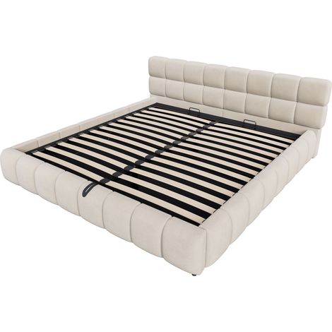 Lit rembourré 180 x 200 cm avec bande lumineuse, tête de lit et côtés de lit à la forme volumineuse et solide, avec fonction de rangement hydraulique, lit double, velours, beige (1/5)