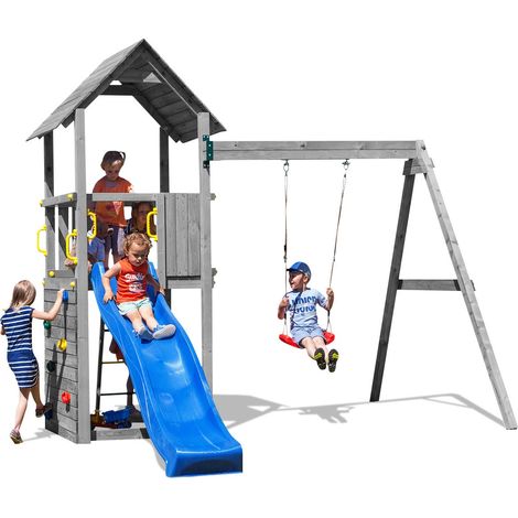 Funni Aire de Jeux Enfant Extérieure – Bois Gris – Toboggan 2,2 m – Balançoire Simple – Jusqu’à 7 Enfants – EN 71 (1/5)